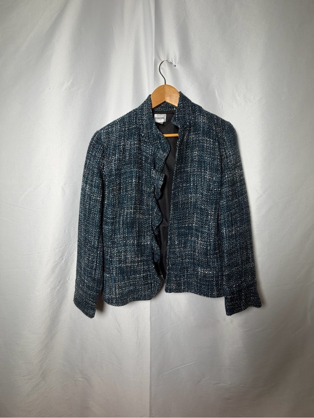 Chico's Teal & Black Tweed Ruffle-Front Jacket